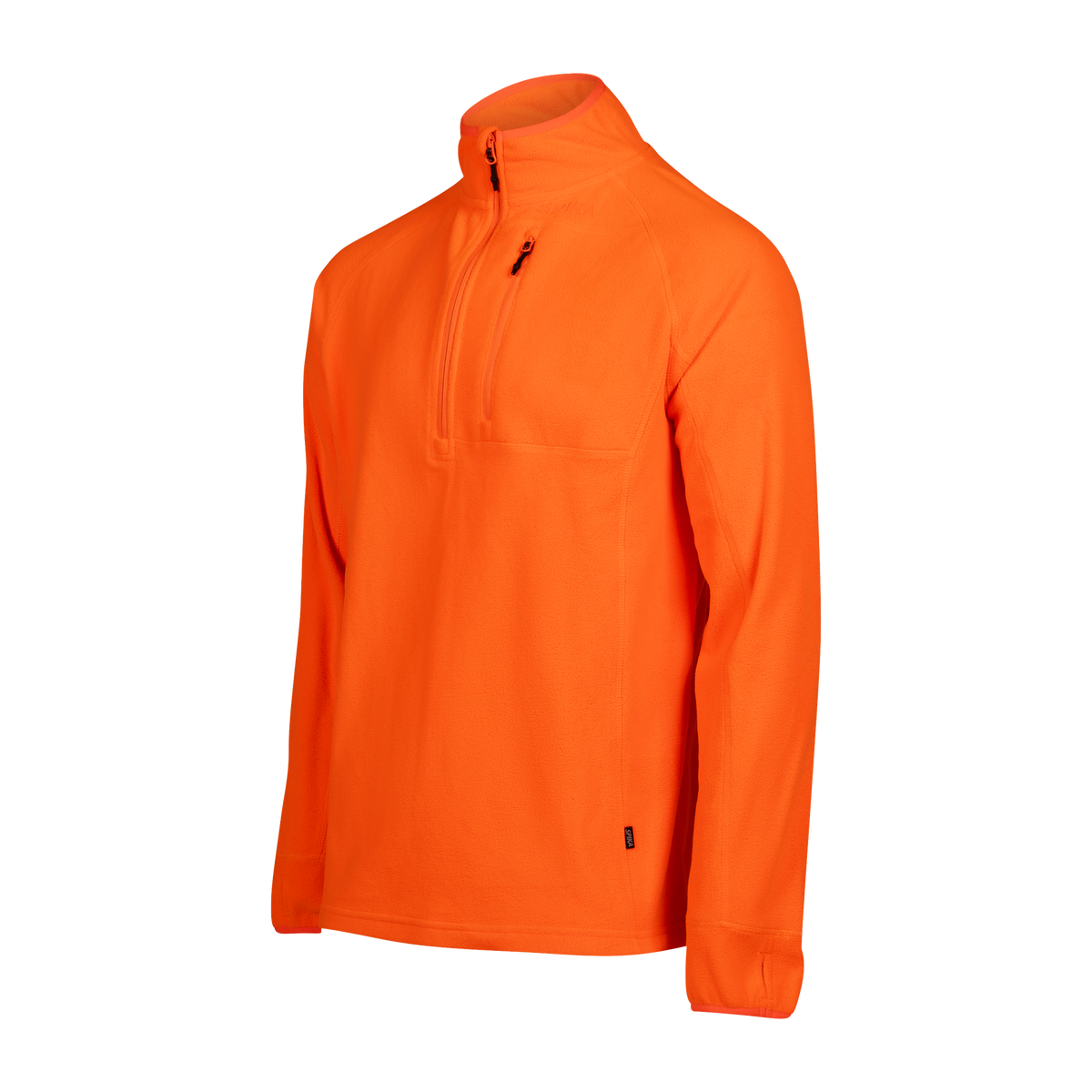 Spika Campside men's Blaze Orange fleece top, three-quarter view of the half zip and chest pocket