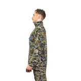 Model wearing the Spika Basecamp men's Biarri Camo fleece jumper, side profile view