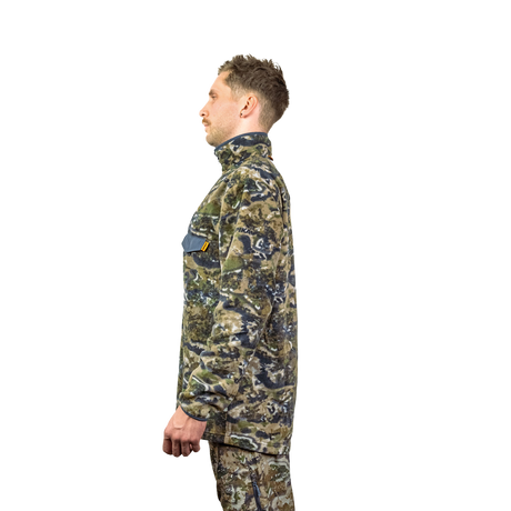 Model wearing the Spika Basecamp men's Biarri Camo fleece jumper, side profile view