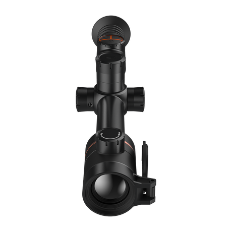 ThermTec Ares 335 2.0 thermal tube scope in black, front end-on view of objective lens and cap