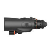 ThermTec Ventus 650L multi-spectrum binoculars in grey, right side profile with eyecup and side button
