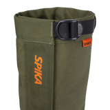 Spika Strike hunting gaiter in Olive, close-up of the top buckle strap and Spika logo tag