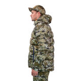 Man modelling the Spika Terra men's puffer jacket in Biarri Camo, side profile view