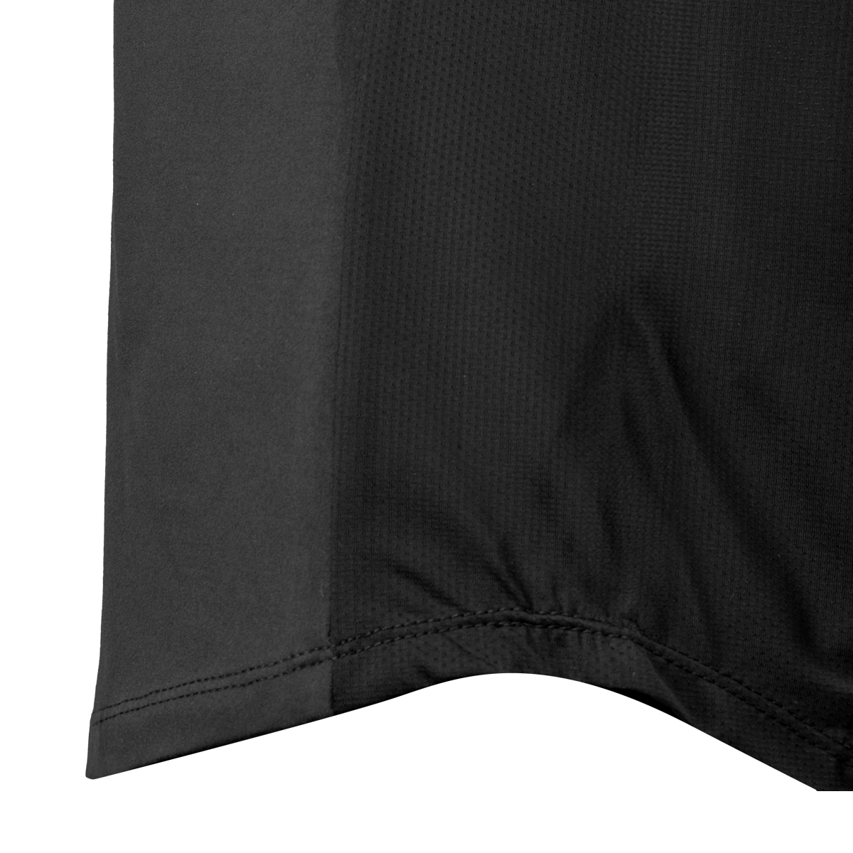 Close-up of the stitched curved hem and mesh side panel on the Spika GO AVP women's black half-zip