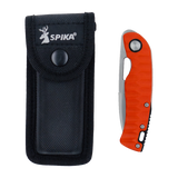 Spika Bushmaster Tango orange folding knife closed beside its black nylon Spika belt pouch