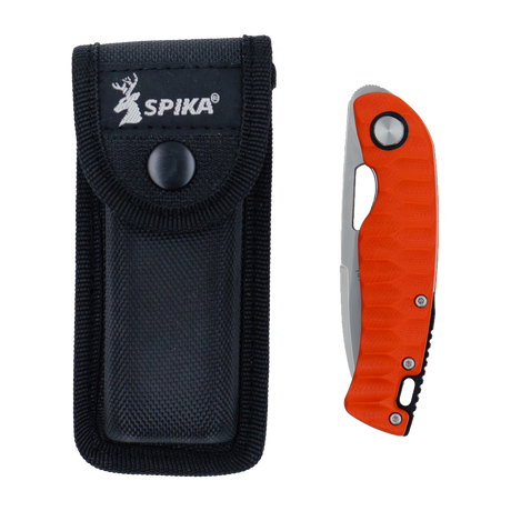 Spika Bushmaster Tango orange folding knife closed beside its black nylon Spika belt pouch