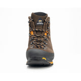 Zamberlan 968 Target GTX RR men's hunting boot in dark brown and orange, front view of toe rand and lacing