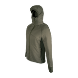 Spika Aura women's hybrid puffer jacket in Dusky Green, three-quarter side view of the hood and panels