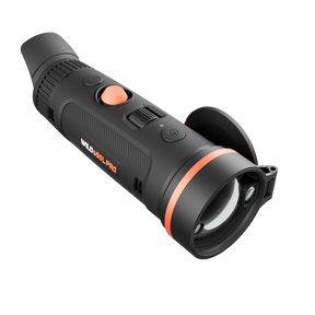 ThermTec Wild 650L Pro thermal monocular, front three-quarter view with lens cap open and model badge