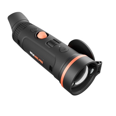ThermTec Wild 650L Pro thermal monocular, front three-quarter view with lens cap open and model badge