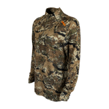 Spika Enduro men's Biarri Camo athletic top, three-quarter view of the collar and orange logo