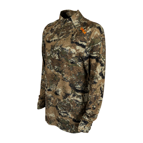 Spika Enduro men's Biarri Camo athletic top, three-quarter view of the collar and orange logo
