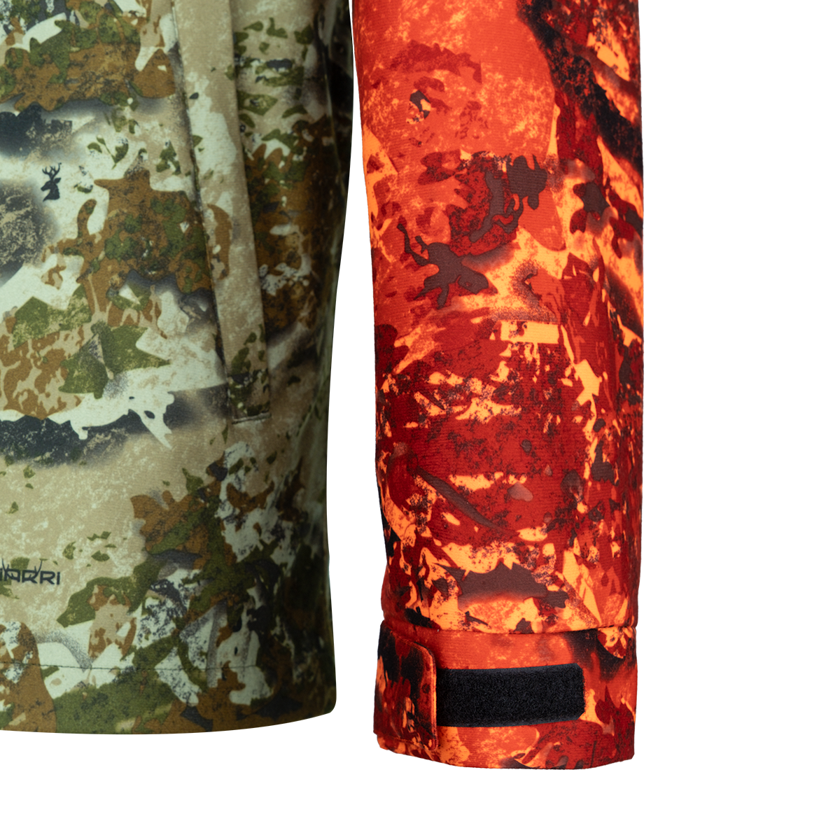 Close-up of the Spika Valley men's jacket Biarri Camo body and Blaze sleeve with velcro cuff tab