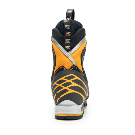 Zamberlan 2090 Mountain Pro Evo GTX men's mountaineering boot in black and orange, rear view of heel and pull loop