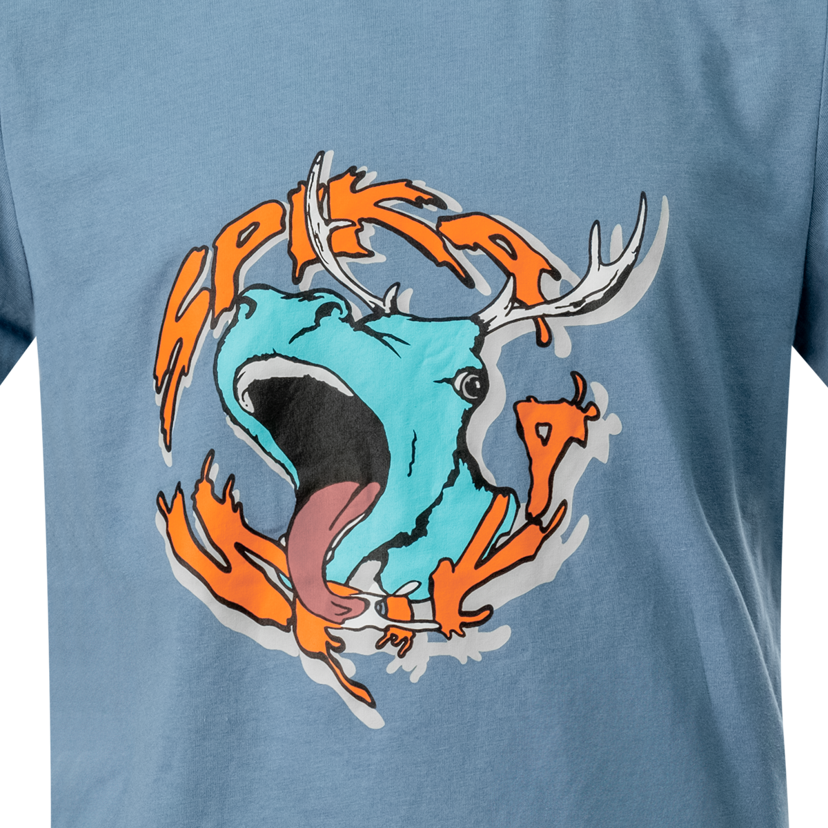 Close-up of the roaring stag and orange SPIKA lettering graphic on the GO Rogue kids' blue T-shirt
