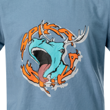 Close-up of the roaring stag and orange SPIKA lettering graphic on the GO Rogue kids' blue T-shirt