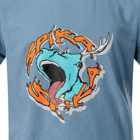 Close-up of the roaring stag and orange SPIKA lettering graphic on the GO Rogue kids' blue T-shirt