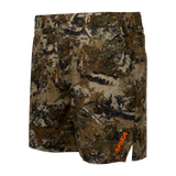 Spika GO Arid men's Biarri Camo quick dry shorts, side angle showing orange SPIKA logo on the leg