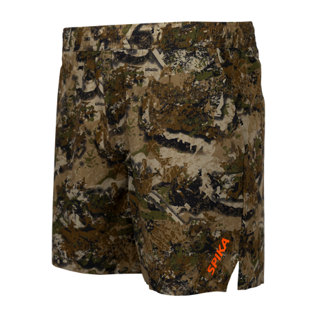 Spika GO Arid men's Biarri Camo quick dry shorts, side angle showing orange SPIKA logo on the leg