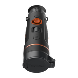 ThermTec Wild 335 thermal monocular, top view from the eyepiece end with lens cap closed