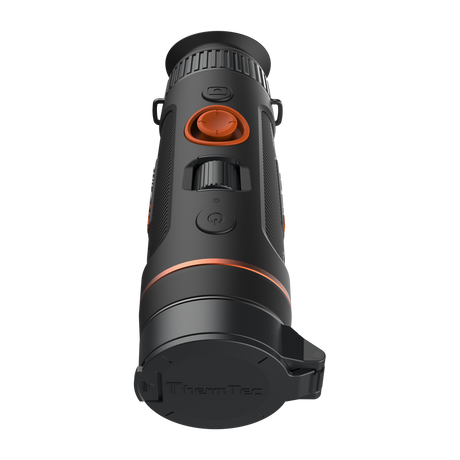 ThermTec Wild 335 thermal monocular, top view from the eyepiece end with lens cap closed