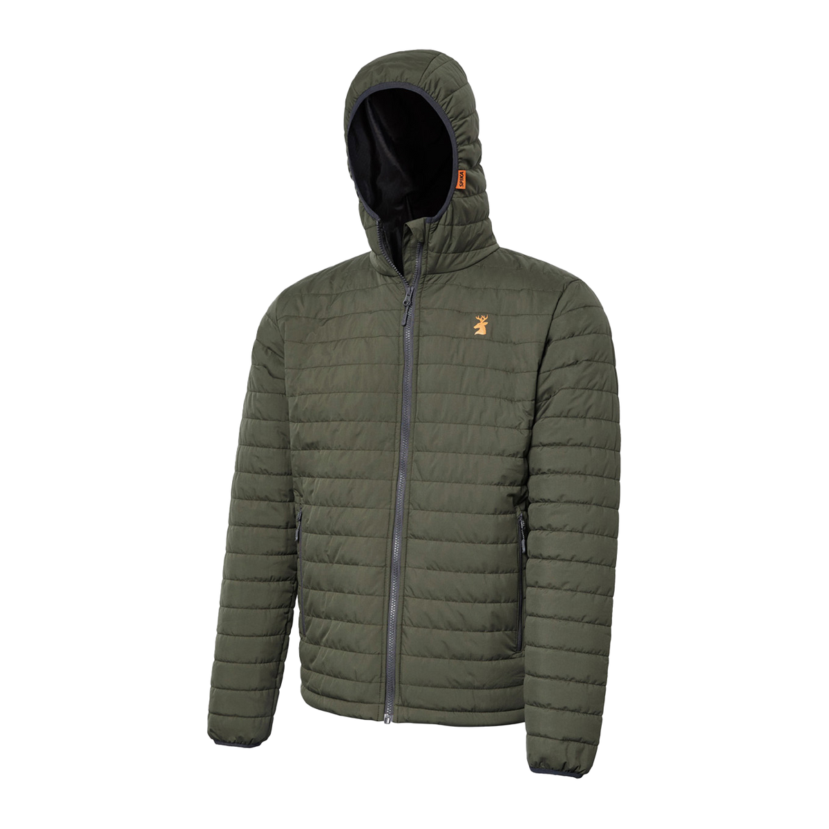 Spika Chase men's Olive puffer jacket, three-quarter view of the hood and full zip