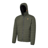 Spika Chase men's Olive puffer jacket, three-quarter view of the hood and full zip