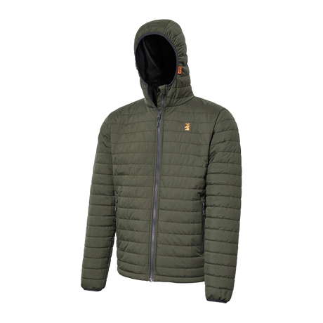 Spika Chase men's Olive puffer jacket, three-quarter view of the hood and full zip