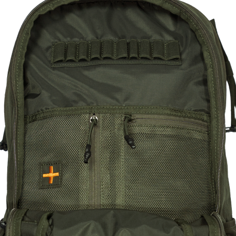 Spika Drover II Pro Pack 25L in Olive Summit, open interior with cartridge loops and mesh zip pockets