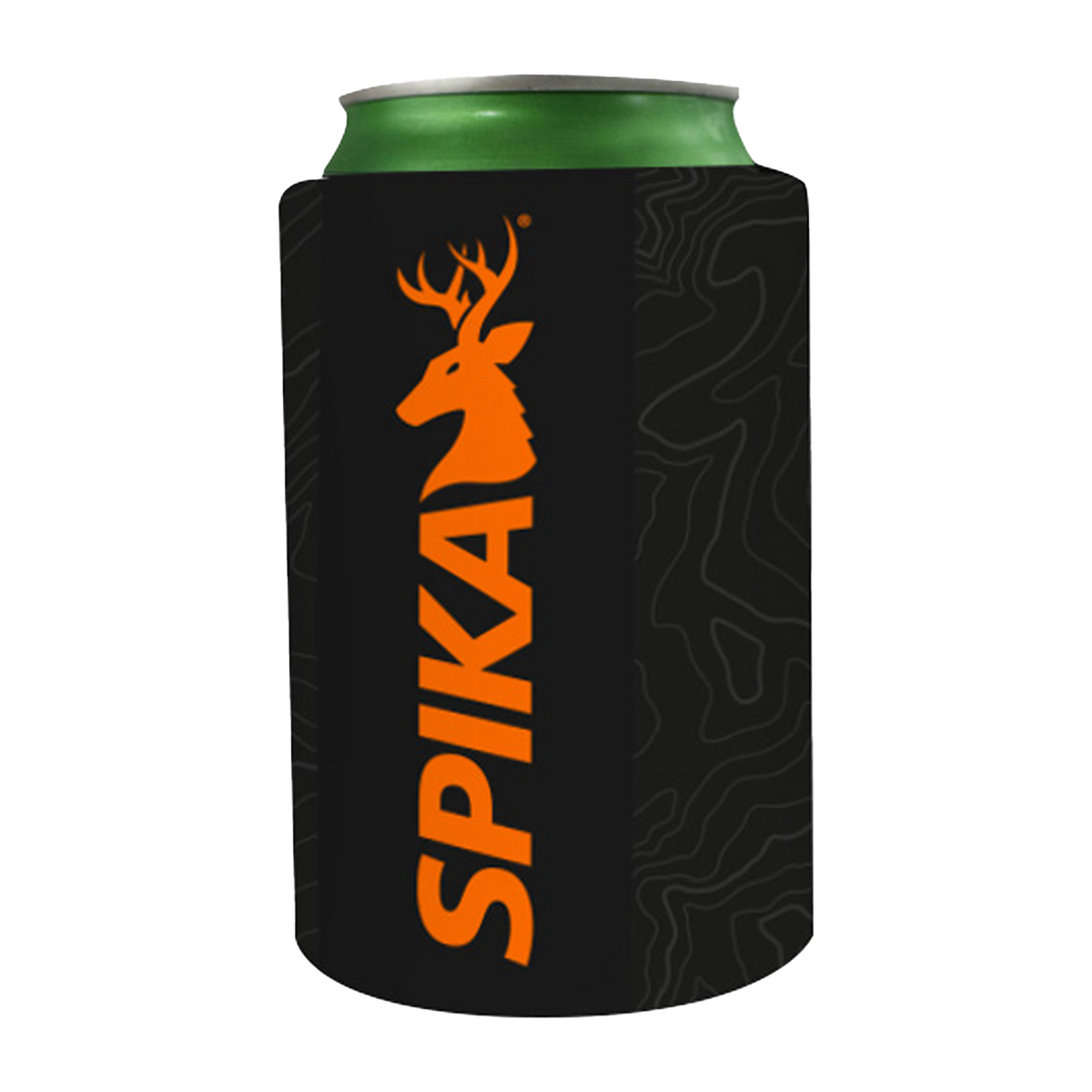 Spika black stubby holder with orange stag logo and topographic pattern from the 6 Piece Box Pack