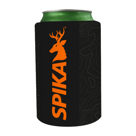 Spika black stubby holder with orange stag logo and topographic pattern from the 6 Piece Box Pack