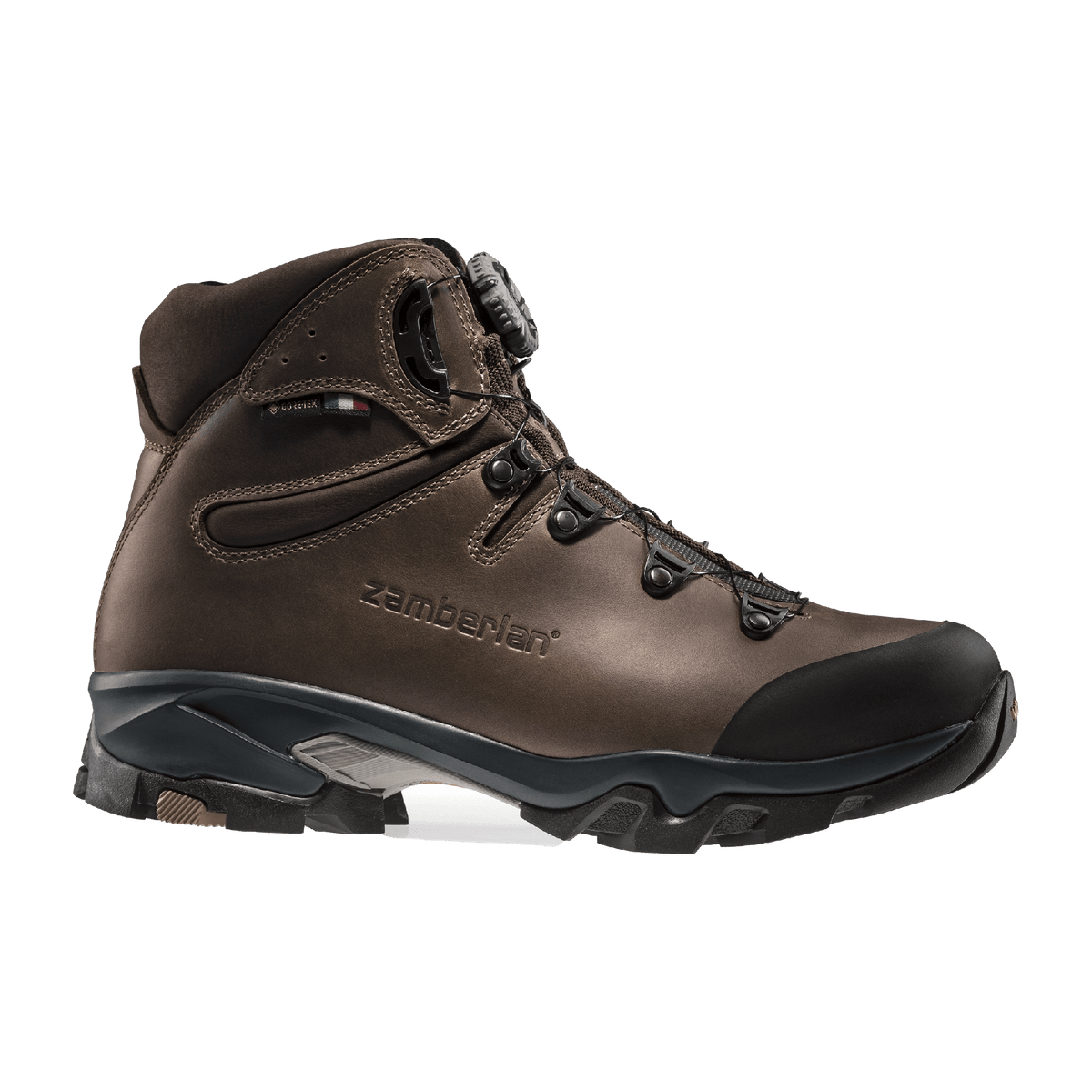 Zamberlan 4015 Leopard FGL GTX RR BOA men's hunting boot in brown leather, outer side profile with BOA dial