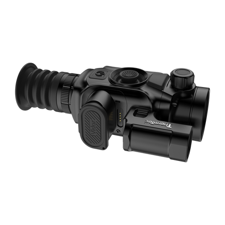 ThermTec Vidar-LRF 335L 2.0 thermal compact scope, angled side view of battery cover and focus knob
