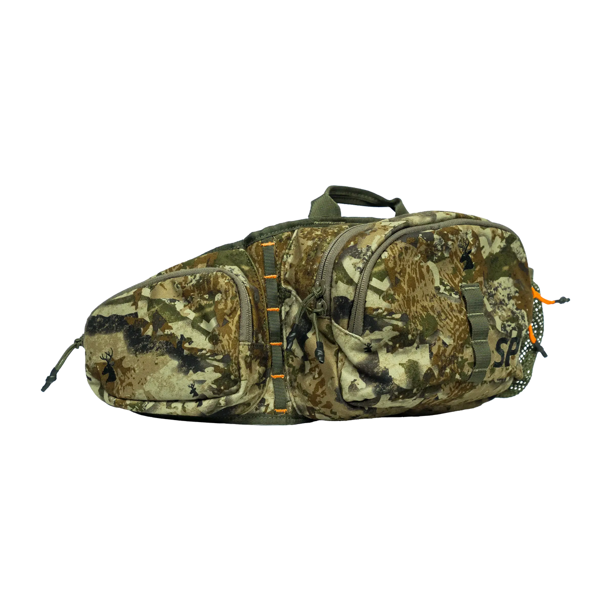 Spika Drover II Waist Pack in Biarri Camo, front view of the twin zip pockets and carry handle