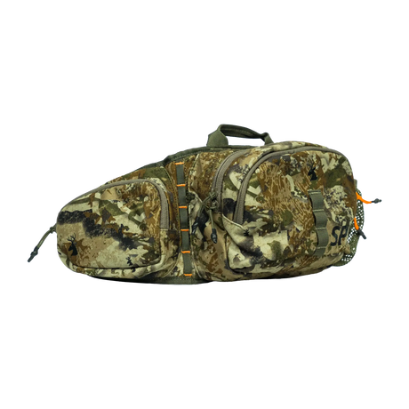 Spika Drover II Waist Pack in Biarri Camo, front view of the twin zip pockets and carry handle