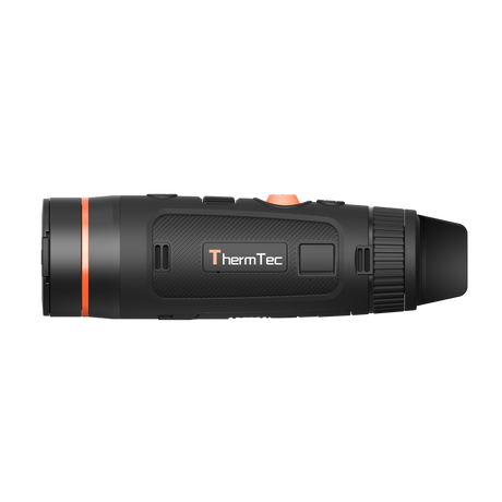 ThermTec Wild 635L Pro thermal monocular, side profile showing the ThermTec logo and long eyecup