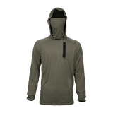 Spika Bandit men's hunting hoodie in Moss Green, front view with perforated face mask pulled up