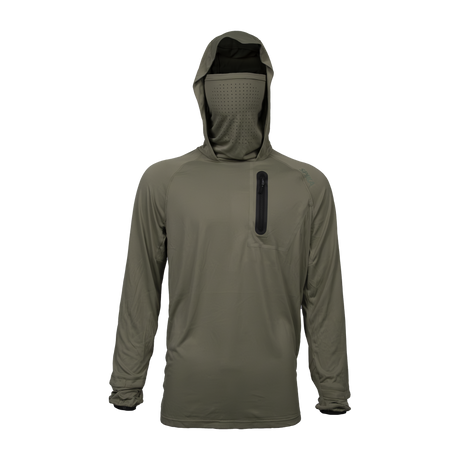 Spika Bandit men's hunting hoodie in Moss Green, front view with perforated face mask pulled up