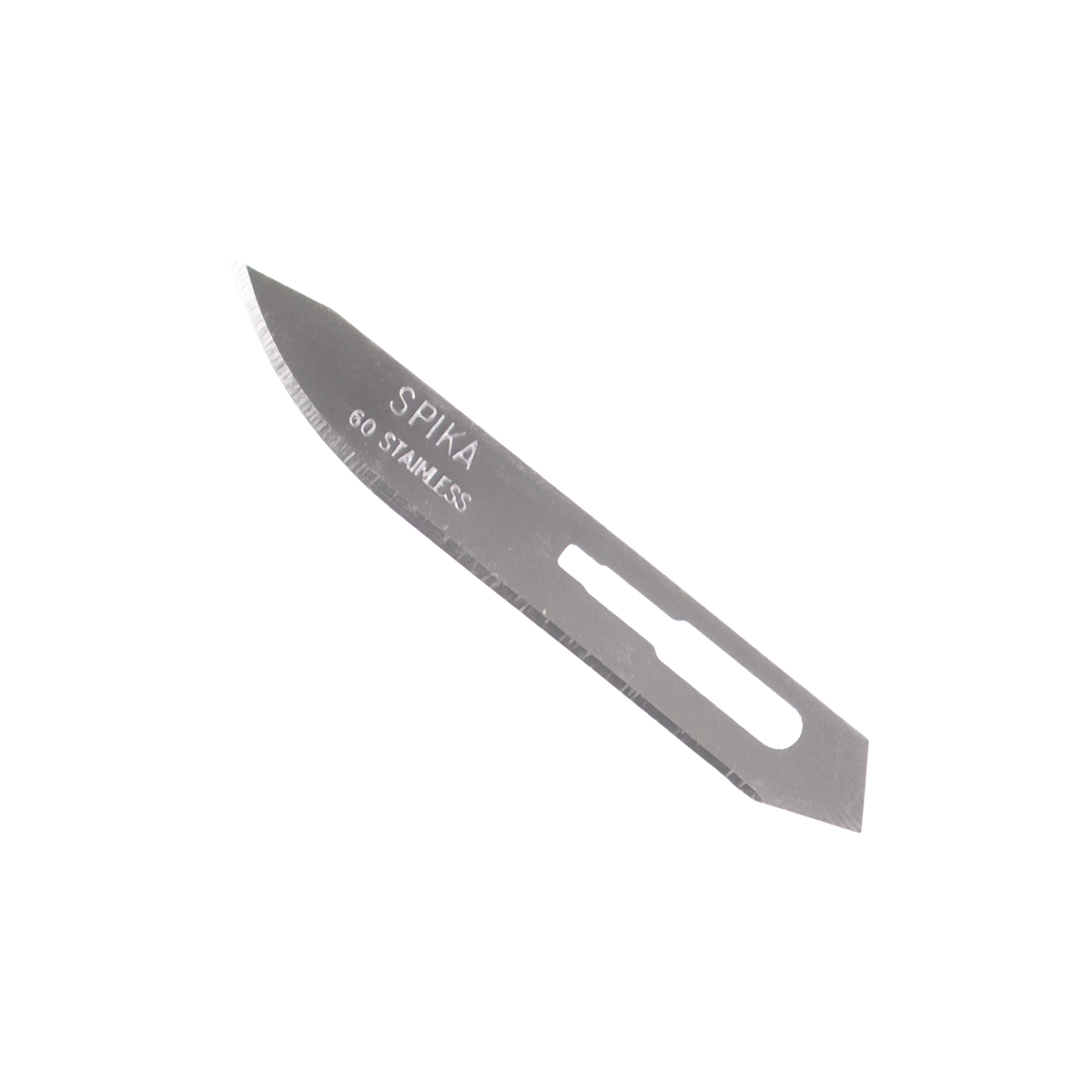 Close-up of a single Spika Command replacement scalpel blade with Spika and stainless markings