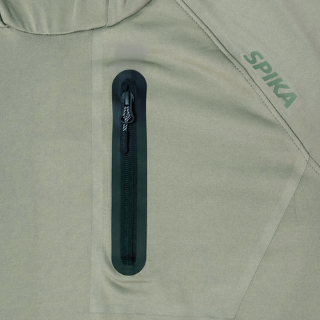 Spika Bandit men's hoodie in Moss Green, close-up of the zipped chest pocket and Spika logo