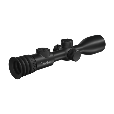 ThermTec IBEX 335L thermal tube scope, rear three-quarter view of eyecup with ThermTec logo
