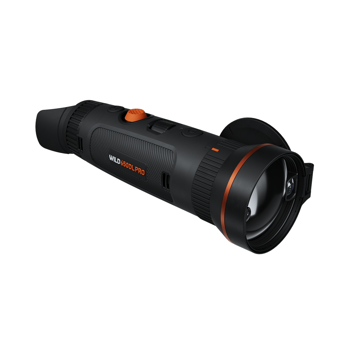 ThermTec Wild 650DL Pro thermal monocular, front three-quarter view of lens and Wild 650DL Pro badge side