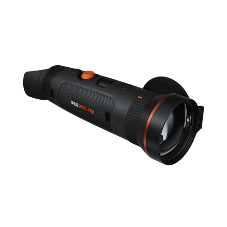 ThermTec Wild 650DL Pro thermal monocular, front three-quarter view of lens and Wild 650DL Pro badge side