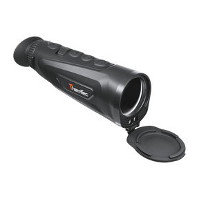 ThermTec Cyclops 635L 3.0 thermal monocular, front three-quarter view with hinged lens cap open