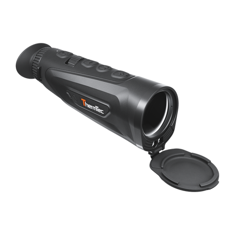ThermTec Cyclops 635L 3.0 thermal monocular, front three-quarter view with hinged lens cap open