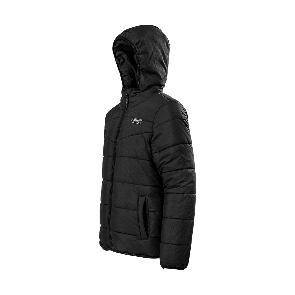 Spika Terra kids' hooded puffer jacket in Black, three-quarter view with hood and zip hand pocket