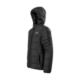 Spika Terra kids' hooded puffer jacket in Black, three-quarter view with hood and zip hand pocket