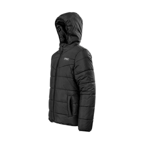 Spika Terra kids' hooded puffer jacket in Black, three-quarter view with hood and zip hand pocket