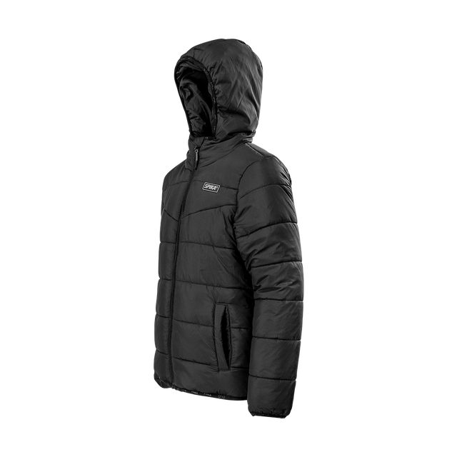 Spika Terra kids' hooded puffer jacket in Black, three-quarter view with hood and zip hand pocket