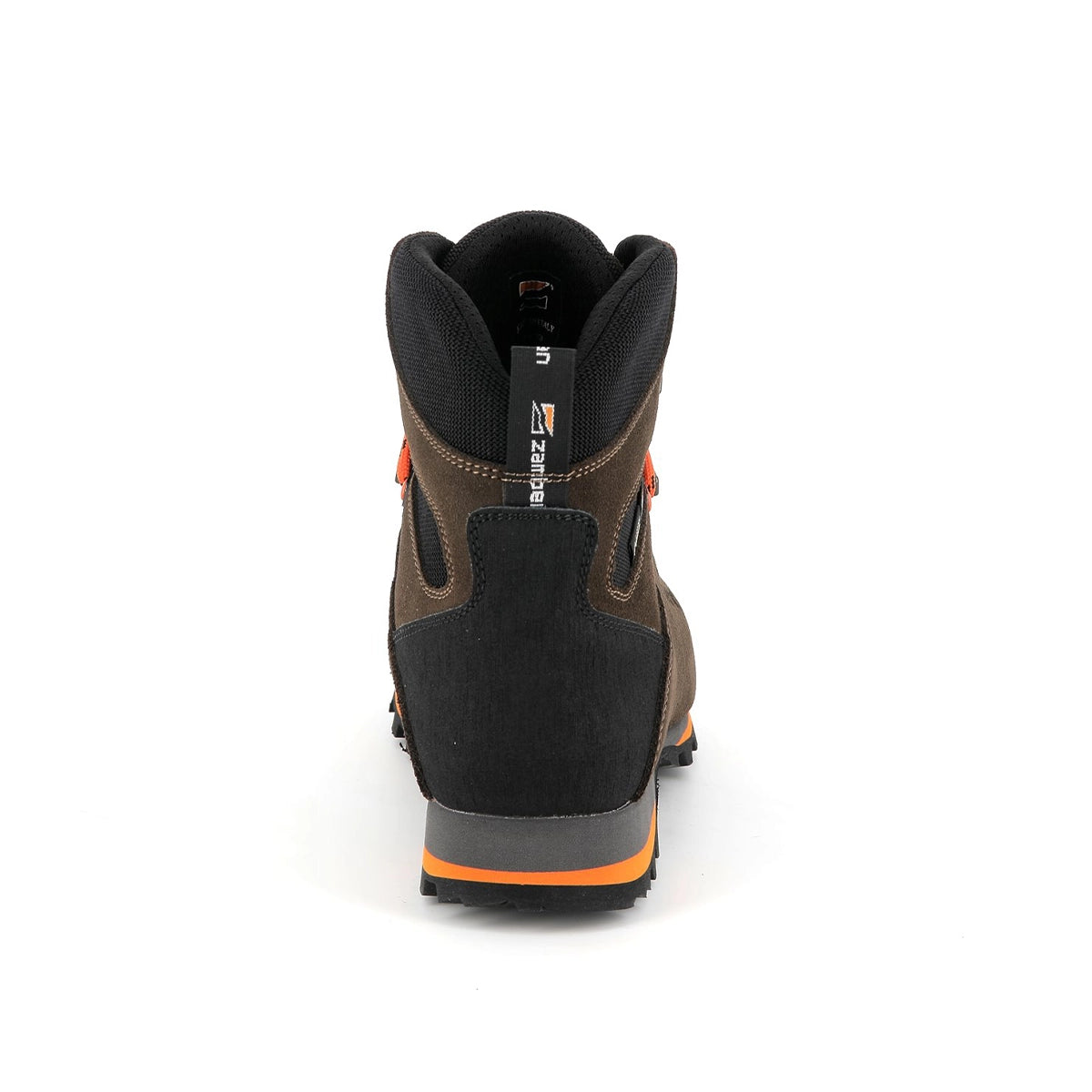 Zamberlan 1103 Storm GTX men's hiking boot in dark brown and orange, rear view of heel and padded black collar